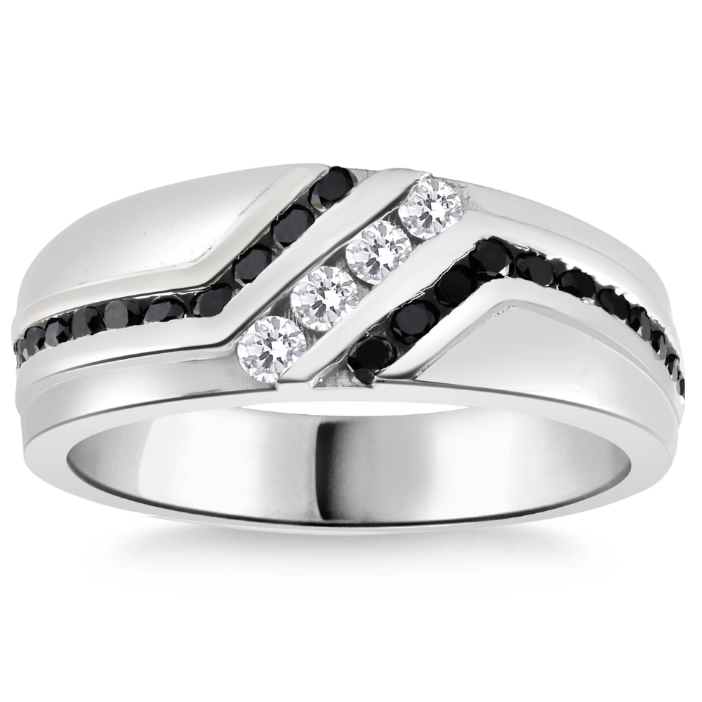 Pompeii3 1 Ct TW Mens Black & White Diamond Wedding Band 10k White Gold Ring