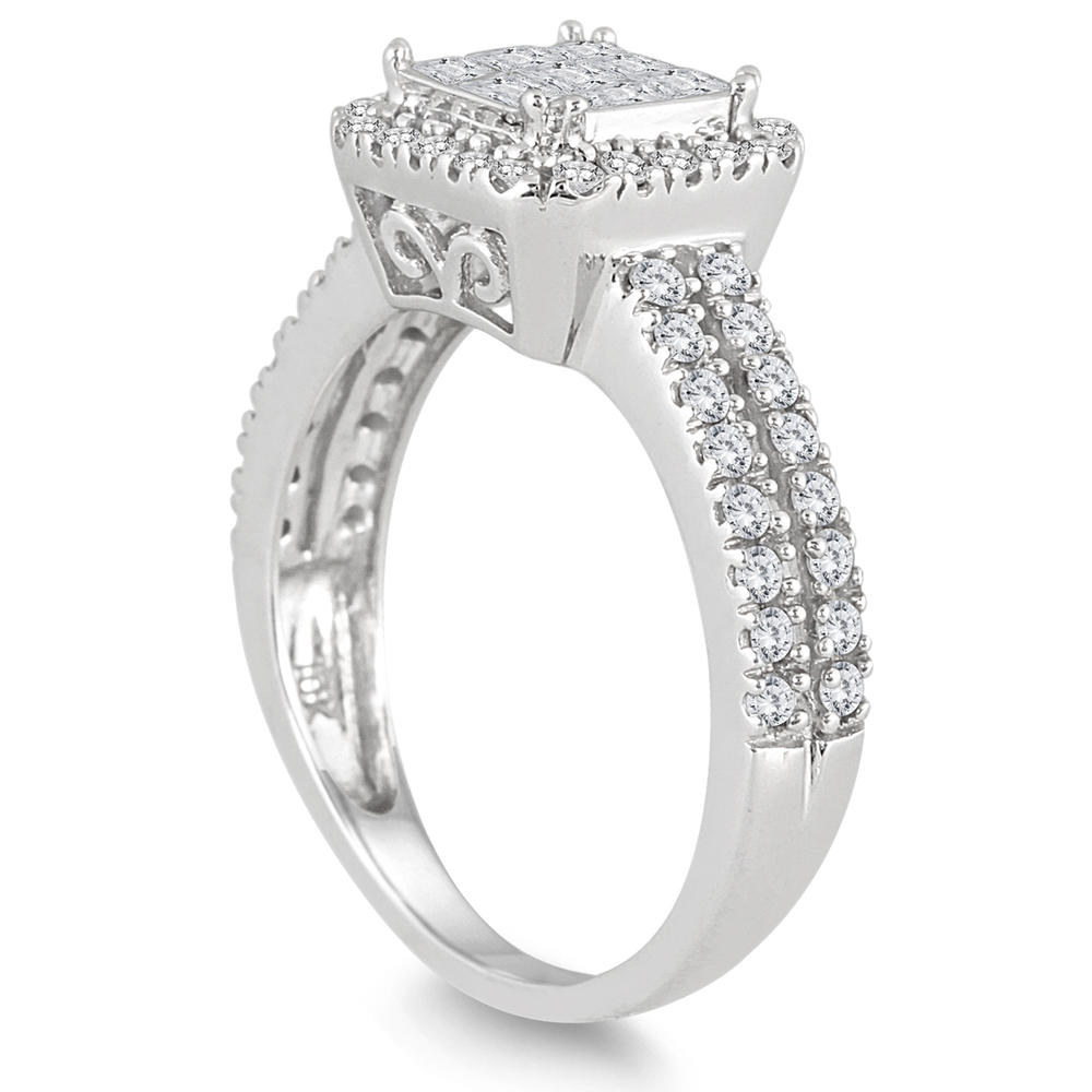 szul.com 1 Carat Princess Diamond Halo Split Shank Ring in 10K White Gold