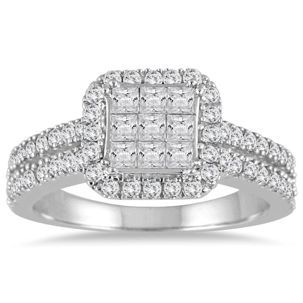szul.com 1 Carat Princess Diamond Halo Split Shank Ring in 10K White Gold
