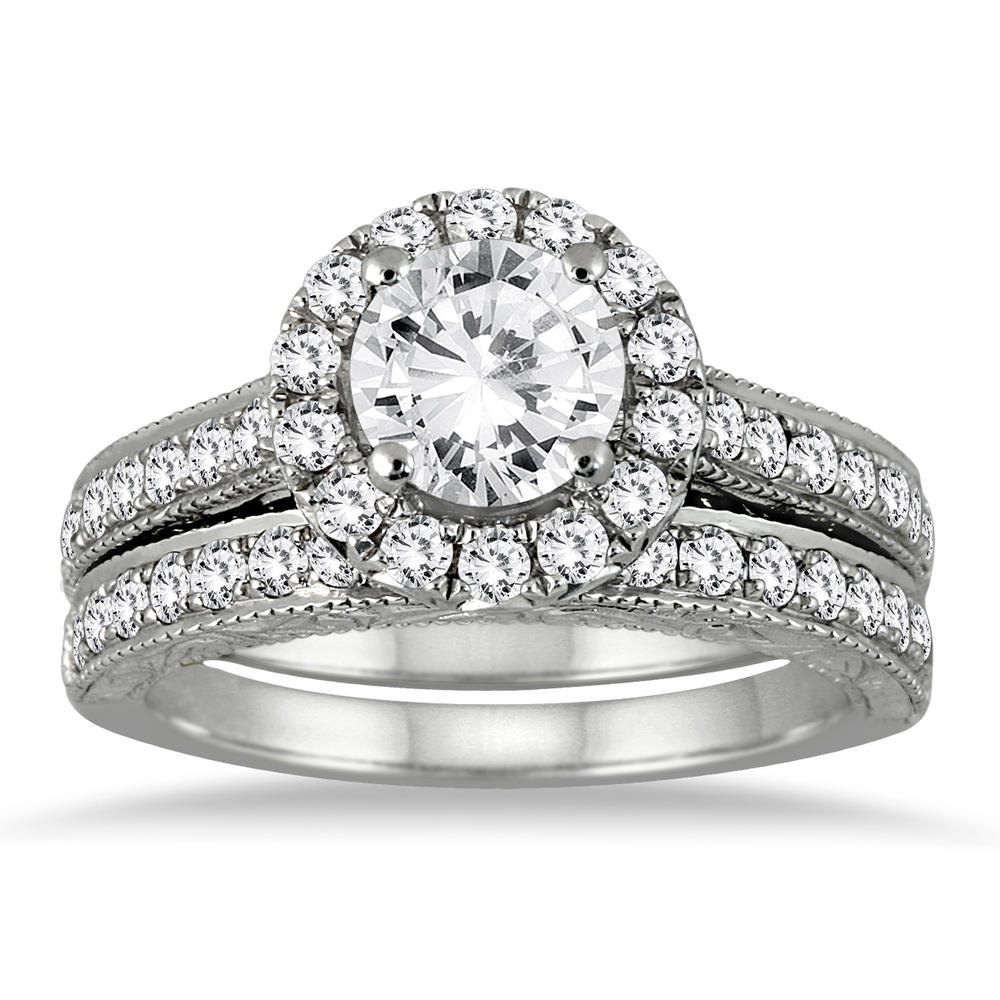 szul.com AGS Certified 2 Carat TW Diamond Halo Bridal Set in 14K White Gold (I-J Color, I2-I3 Clarity)