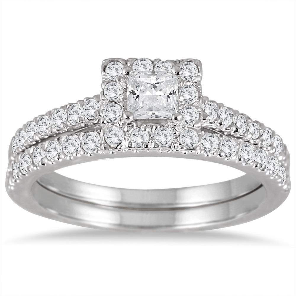 szul.com 1 Carat TW Princess Cut Diamond Bridal Set in 14K White Gold