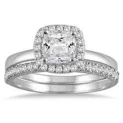 szul.com AGS Certified 1 1/4 Carat TW Cushion Cut Diamond Halo Bridal Set in 14K White Gold