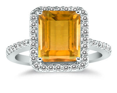 szul.com 4 1/2 Carat Emerald Cut Citrine and Diamond Ring 14K White Gold