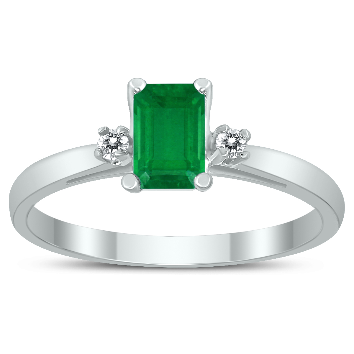 szul.com Emerald Cut 6X4MM Emerald and Diamond Three Stone Ring in 10K White Gold