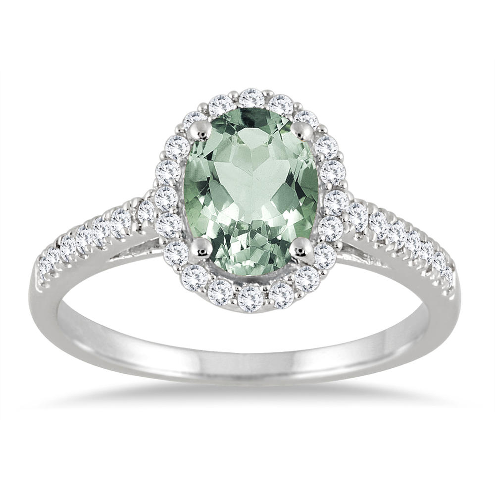 szul.com Green Amethyst and Diamond Halo Ring in 10K White Gold
