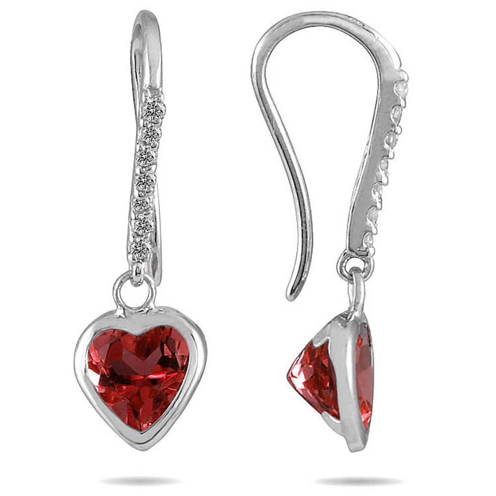 szul.com 1 7/8 Carat Bezel Set Heart Shaped Garnet and Diamond Earrings in 14K White Gold