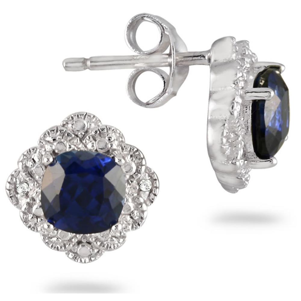 szul.com 5mm Cushion Cut Created Sapphire and Genuine Diamond Antique Earrings in .925 Sterling Silver