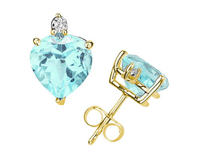 szul.com 5mm Heart Aquamarine and Diamond Stud Earrings in 14K Yellow Gold