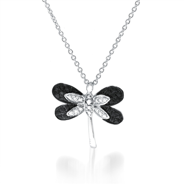 szul.com Black and White Butterfly Pendant in Rhodium Plated Brass