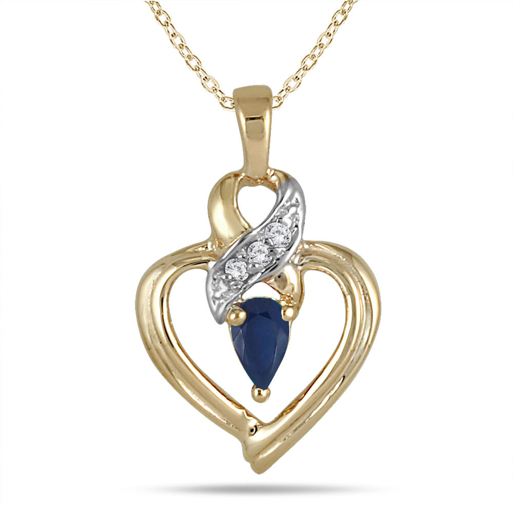 szul.com Pear Shaped Sapphire and Diamond Ribbon Heart Pendant in 10k Yellow Gold