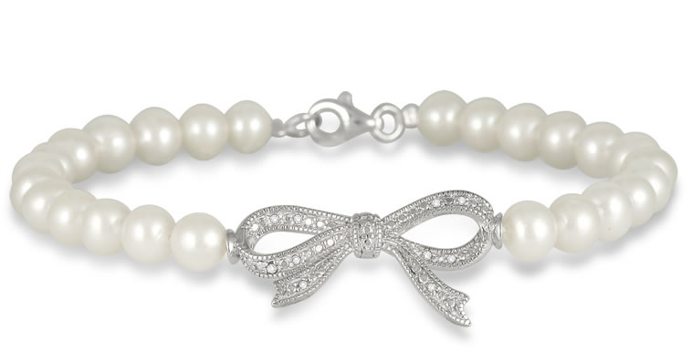 szul.com Freshwater White Cultured Pearl and Diamond Ribbon Bracelet in .925 Sterling Silver