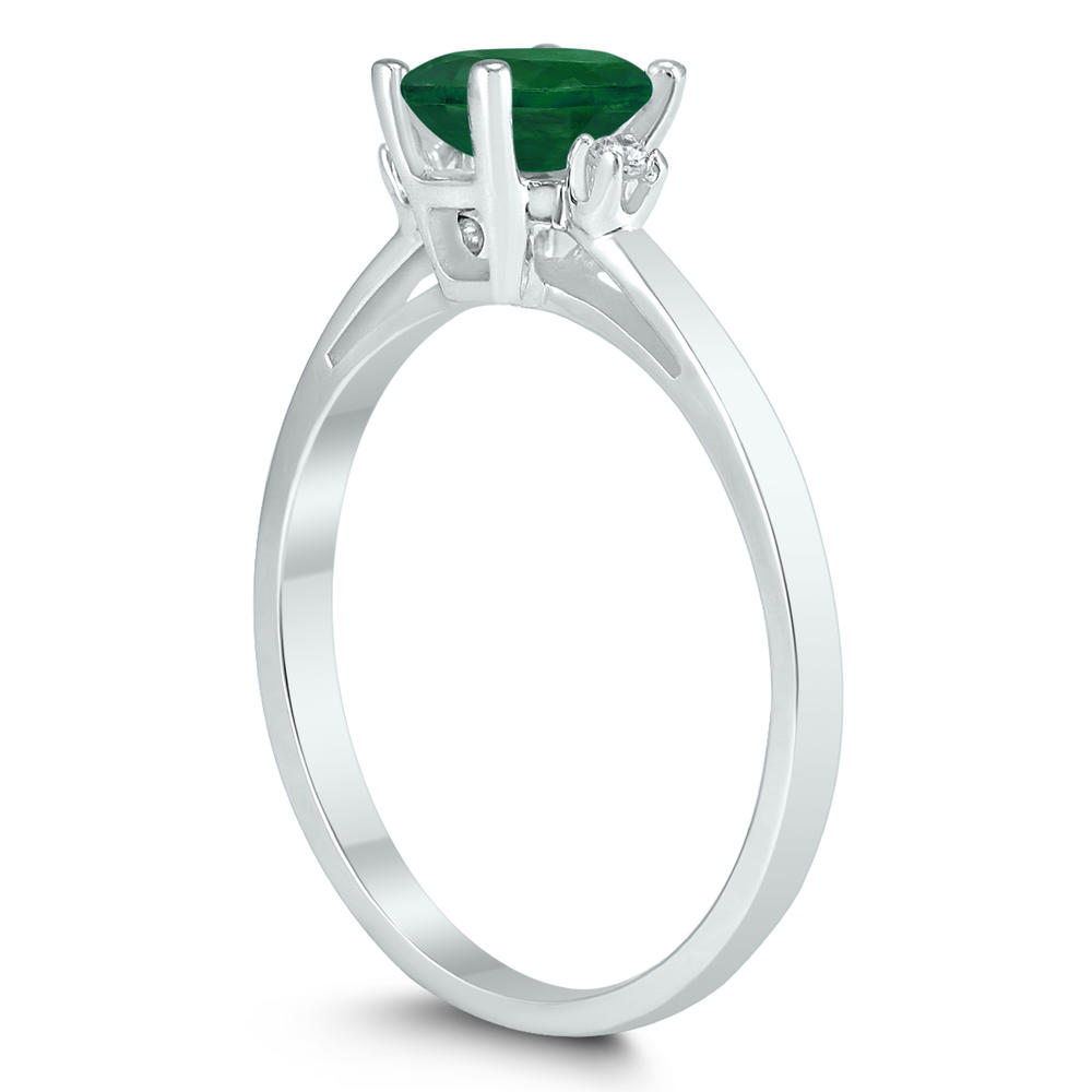 szul.com Emerald Cut 6X4MM Emerald and Diamond Three Stone Ring in 10K White Gold