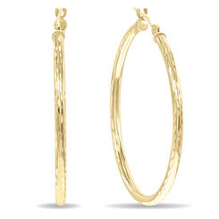 szul.com 14K Yellow Gold Shiny Diamond Cut Engraved Hoop Earrings (35mm)