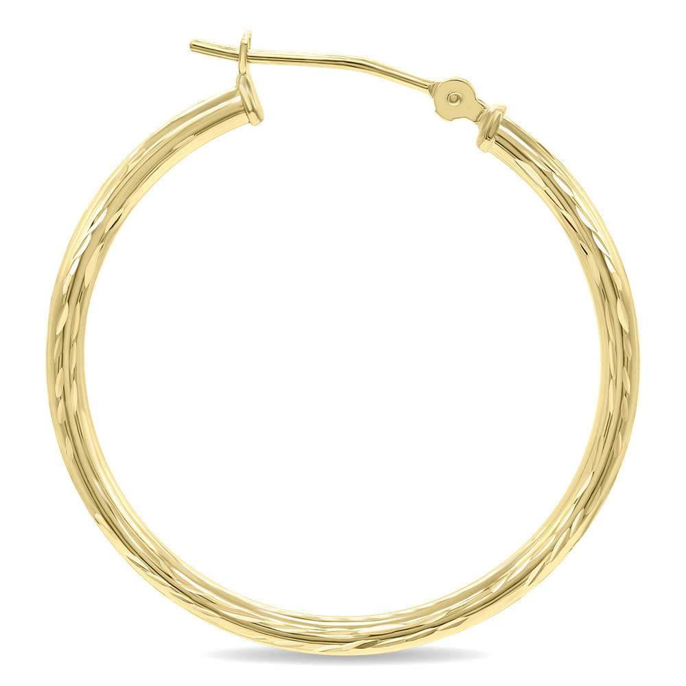 szul.com 10K Yellow Gold Shiny Diamond Cut Engraved Hoop Earrings (30mm)
