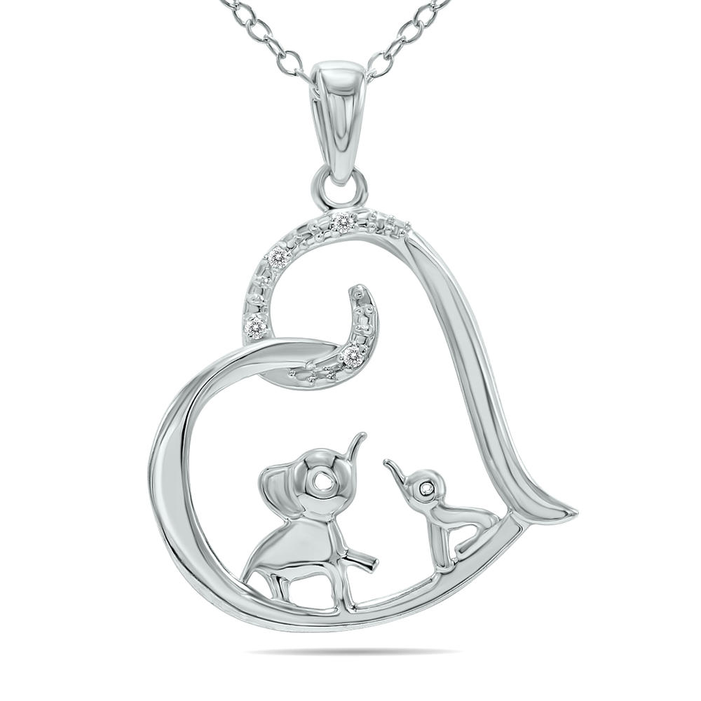 szul.com Double Elephant Enclosed in a Diamond Heart Necklace in .925 Sterling Silver
