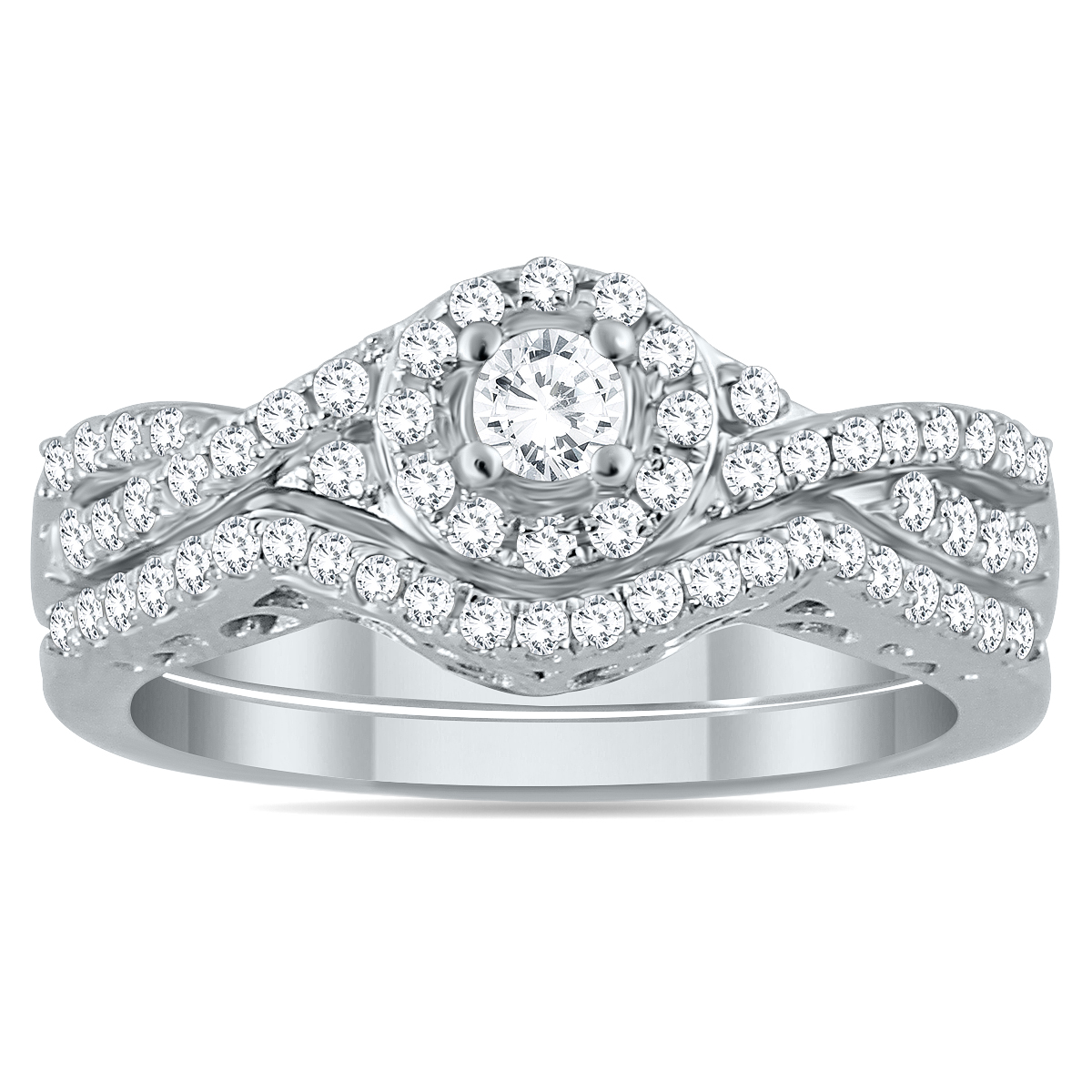 szul.com 3/4 Carat TW Diamond Twist Halo Bridal Set in 10K White Gold