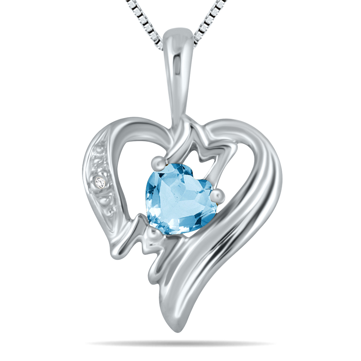szul.com Blue Topaz and Diamond Heart MOM Pendant in 10K White Gold