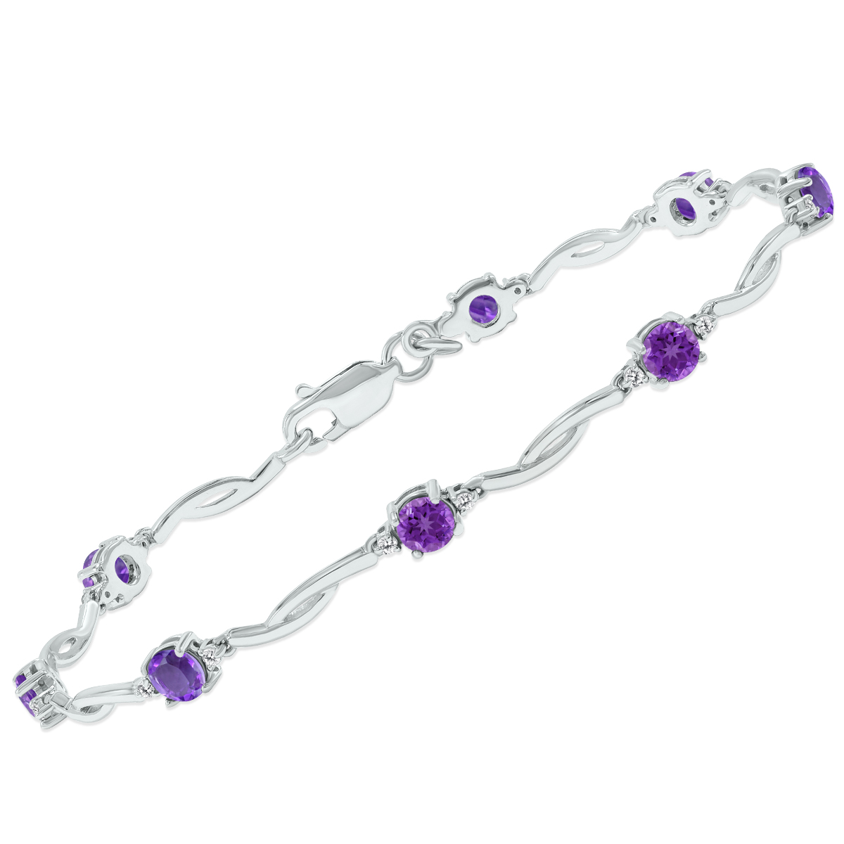szul.com Amethyst and Natural Diamond Braided Wave Bracelet in .925 Sterling Silver