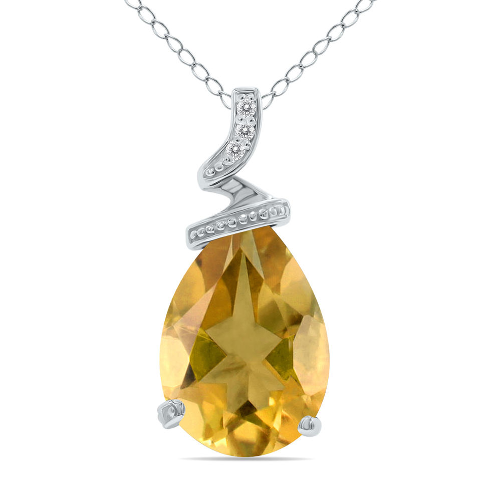 szul.com 5 Carat Pear Shaped Citrine & Diamond Pendant in 10K White Gold