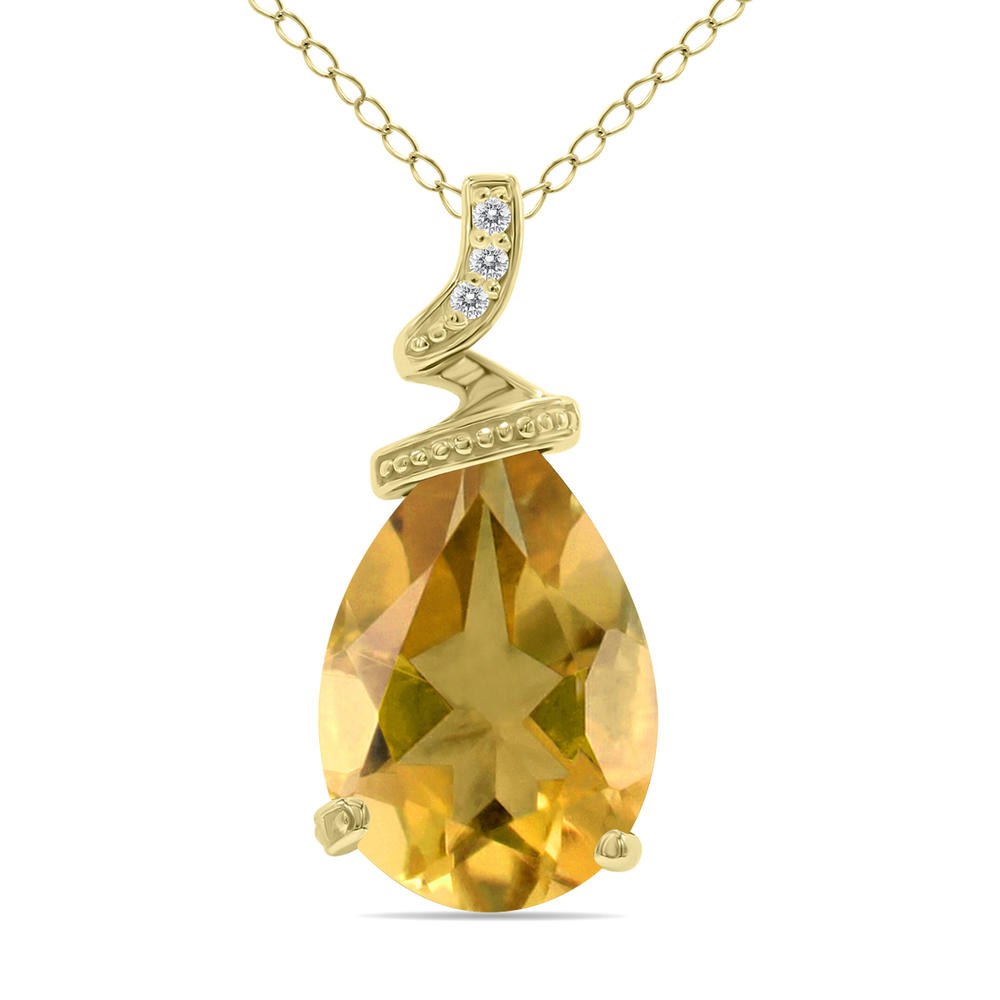 szul.com 5 Carat Pear Shaped Citrine & Diamond Pendant in 10K Yellow Gold