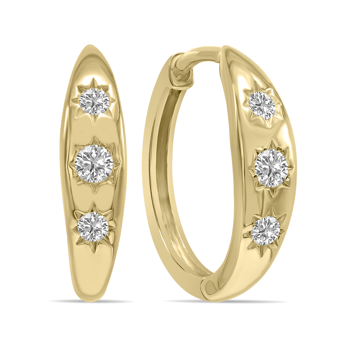 szul.com 1/5 CTW Three Stone Lab Grown Diamond Huggies Hoop Earrings in 10K Yellow Gold (F-G Color, VS1- VS2