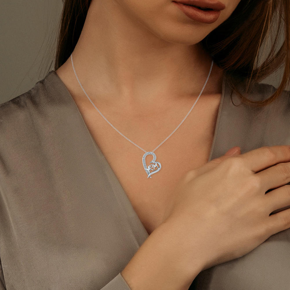 szul.com Genuine Diamond MOM Heart Pendant 10K White Gold