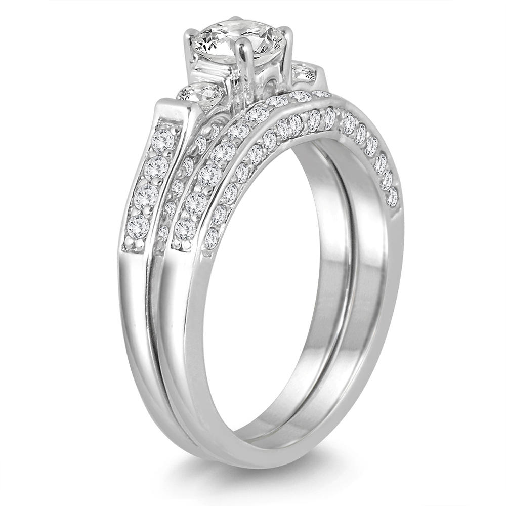 szul.com 1 1/8 Carat TW Three Stone Diamond Bridal Set in 14K White Gold