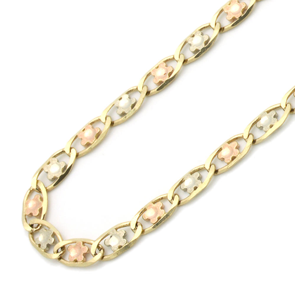 DoubleAccent 14K Tri-Color Gold 3.5mm Link Flower Chain Necklace  22"