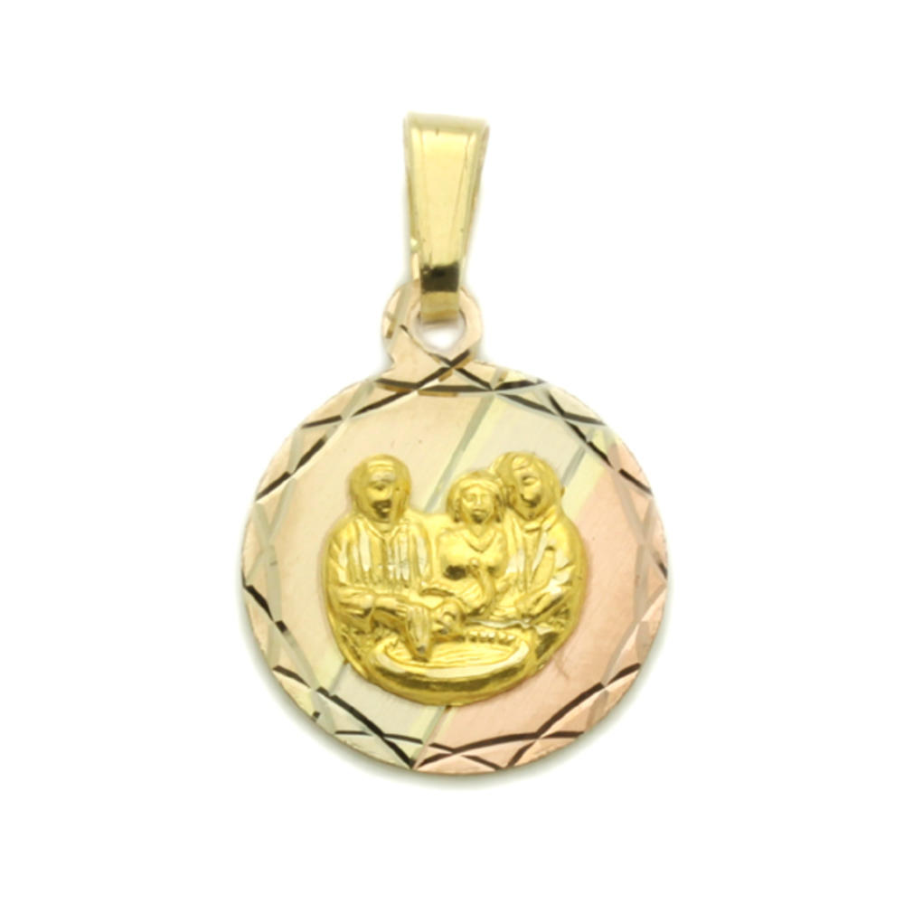 Double Accent 14K Tri Color Gold Diamond Cut Finish Reversible Our Lady Of Guadalupe & Bautizo Medal Pendant for Necklace
