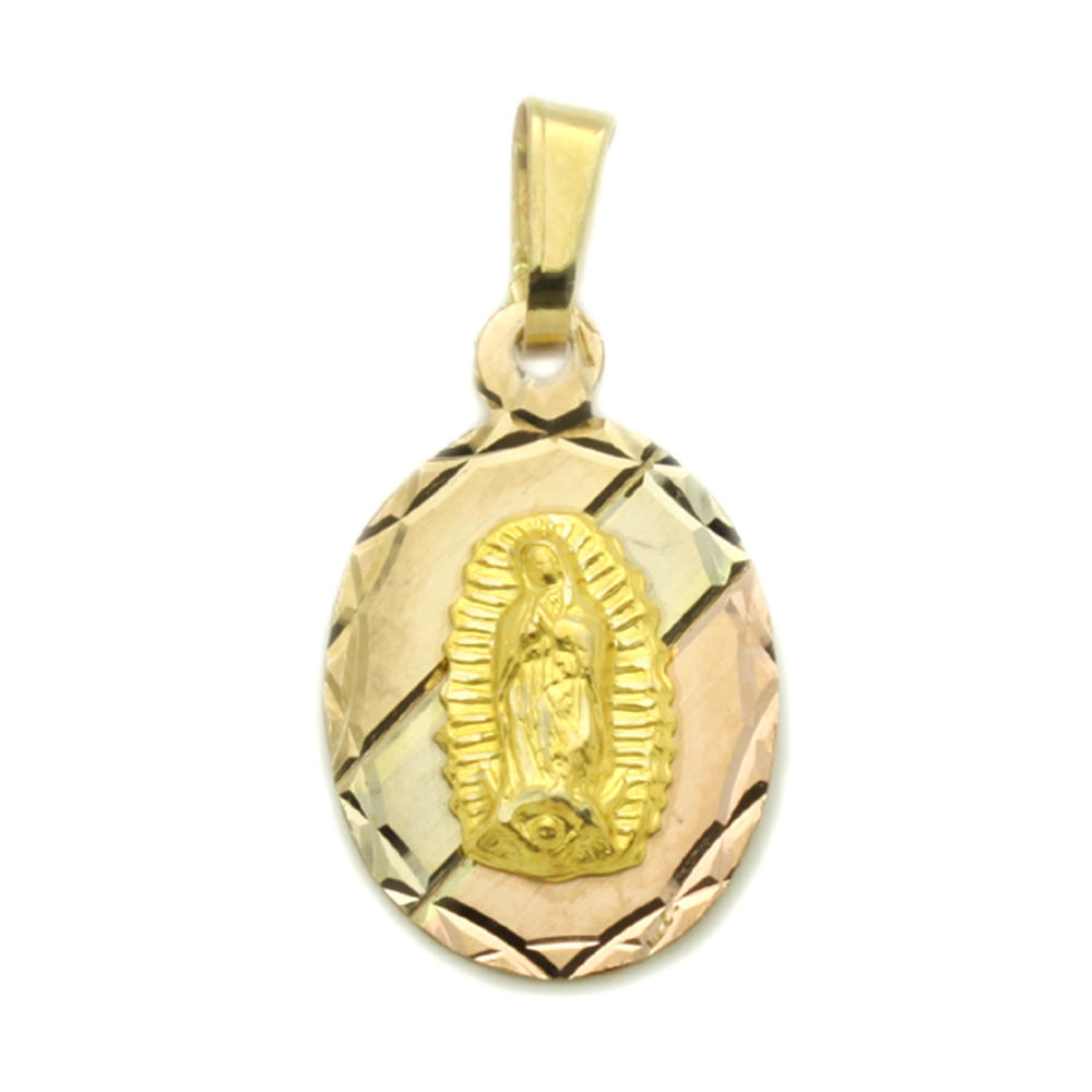 Double Accent 14K Tri Color Gold Diamond Cut Finish Round Shape Our Lady Of Guadalupe Medal Pendant for Necklace