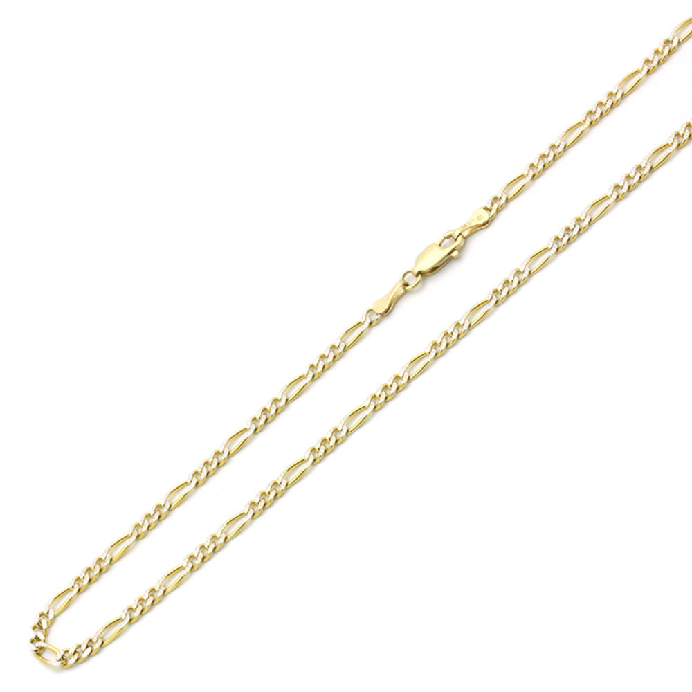 DoubleAccent 14K Gold 3mm Italian Concaved White Pave Figaro Chain Necklaces  ( Available Length 16", 18", 20", 22", 24")