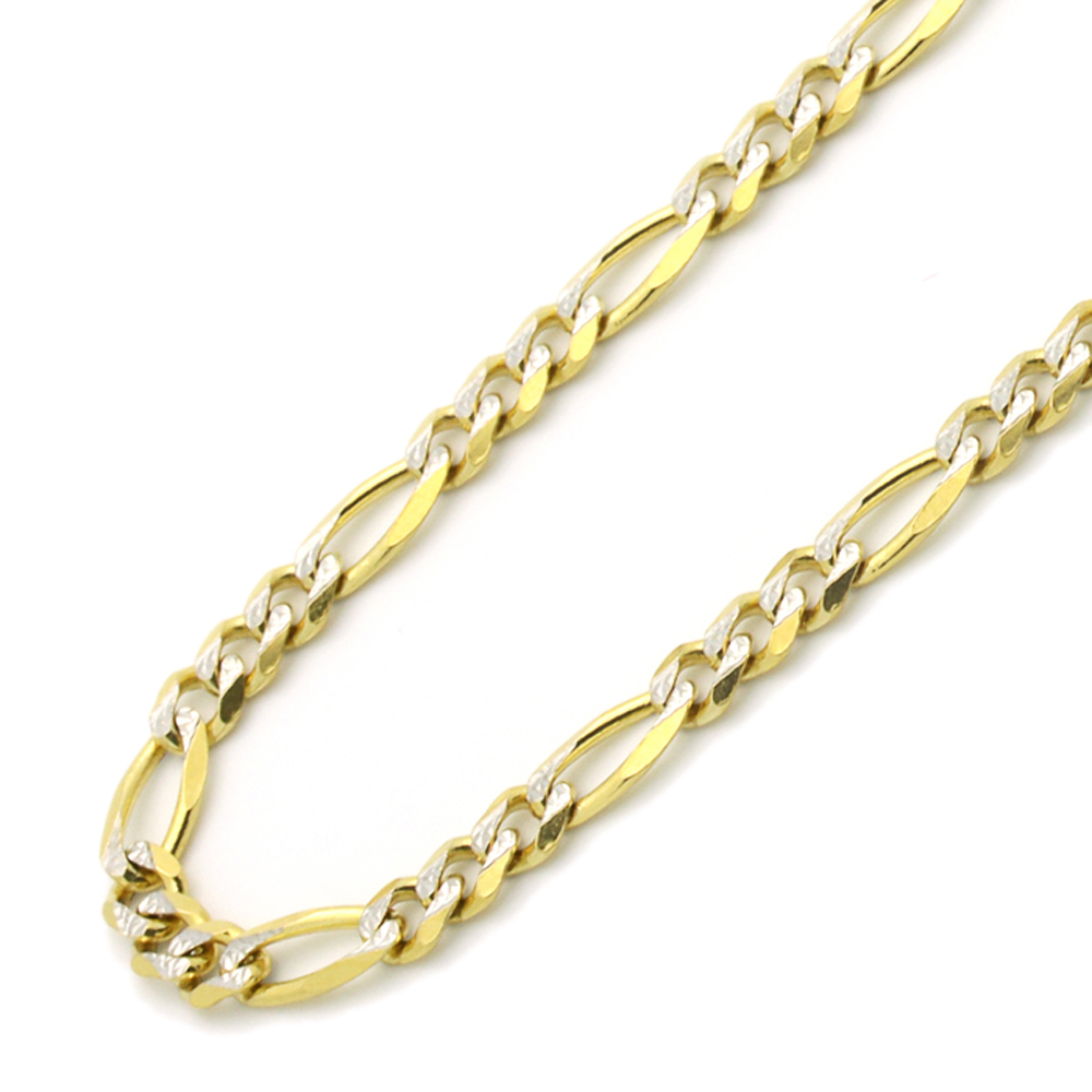 DoubleAccent 14K Gold 3.5mm Italian Concaved White Pave Figaro Chain Necklaces  ( Available Length 16", 18", 20", 22", 24")