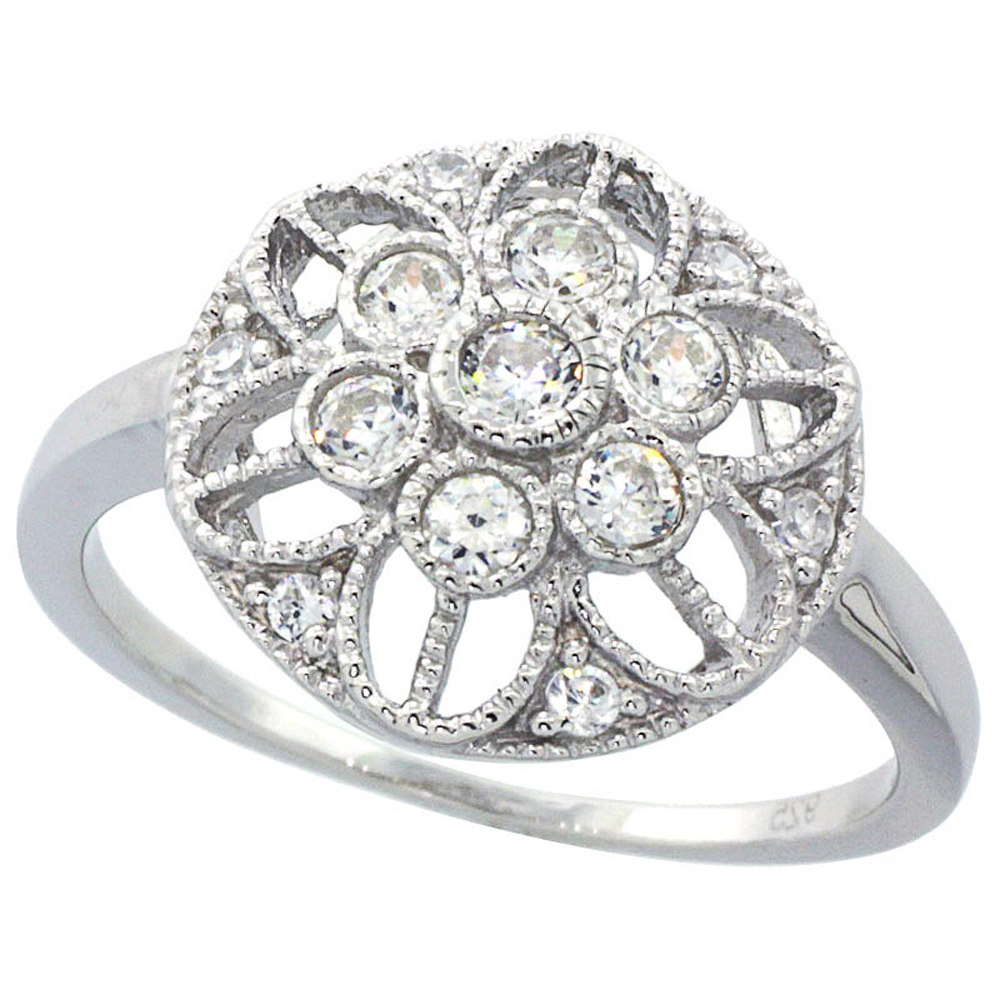 DoubleAccent 14K White Gold  Plated Sterling Silver Floral Flower Ring For Women 13MM ( Size 6 to 9)