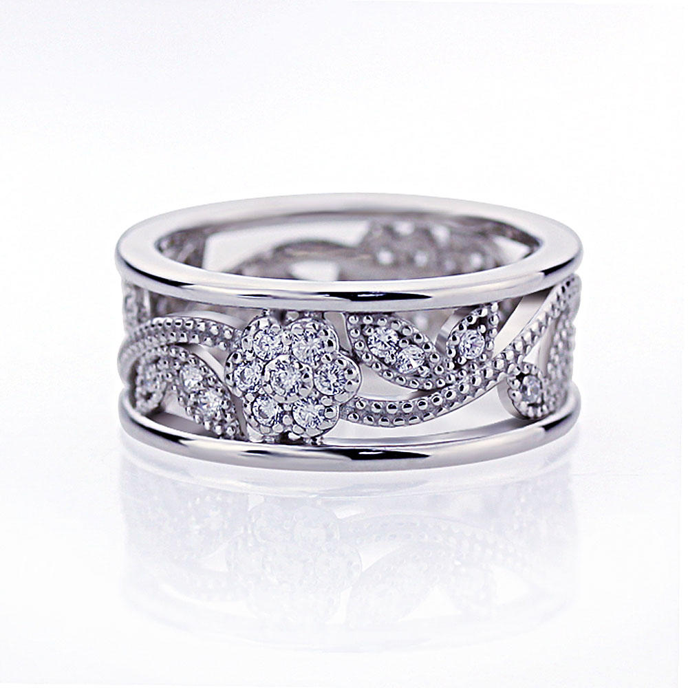 DoubleAccent Rhodium Plated Sterling Silver Vintage Style  Ring bands Band Width 8MM