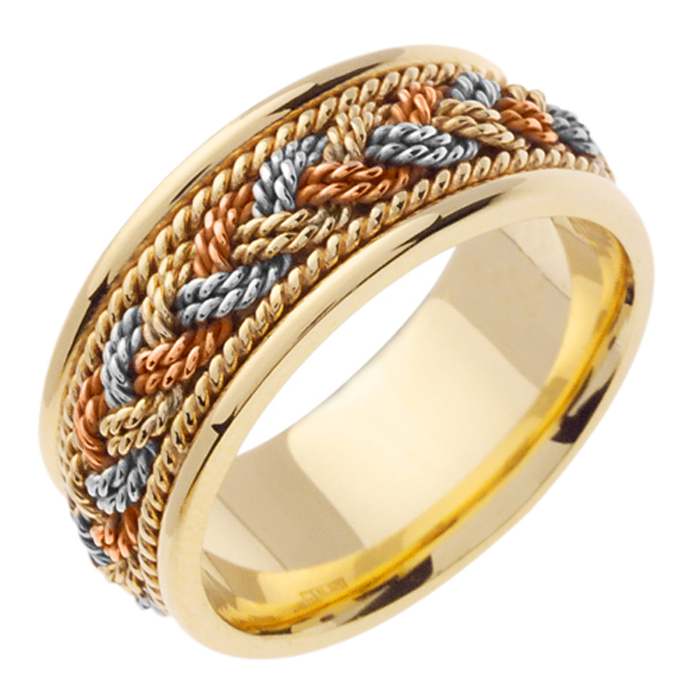 DoubleAccent 9mm 14K Tri-Color Gold Braided Rope  Comfort Fit Hand Made Wedding Band Available Size (5 to 14)