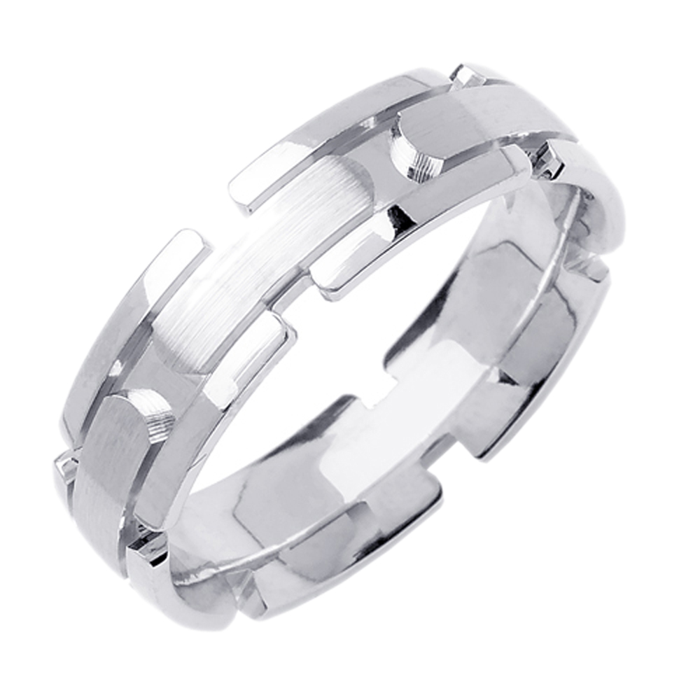 DoubleAccent 6mm 14K White Gold Bar Link  Comfort Fit Hand Made Wedding Band Available Size (5 to 14)