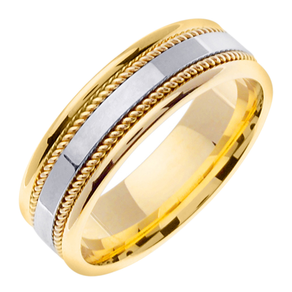 DoubleAccent 7mm 14K Two Tone Gold Rope Design  Comfort Fit Hand Made Wedding Band Available Size (5 to 14)
