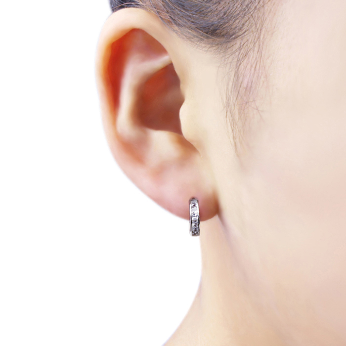 DoubleAccent 14K Gold Huggie Hoop Earrings 2.5mm, 9mm Diameter White Gold CZ Princess Cut Hoop Earrings