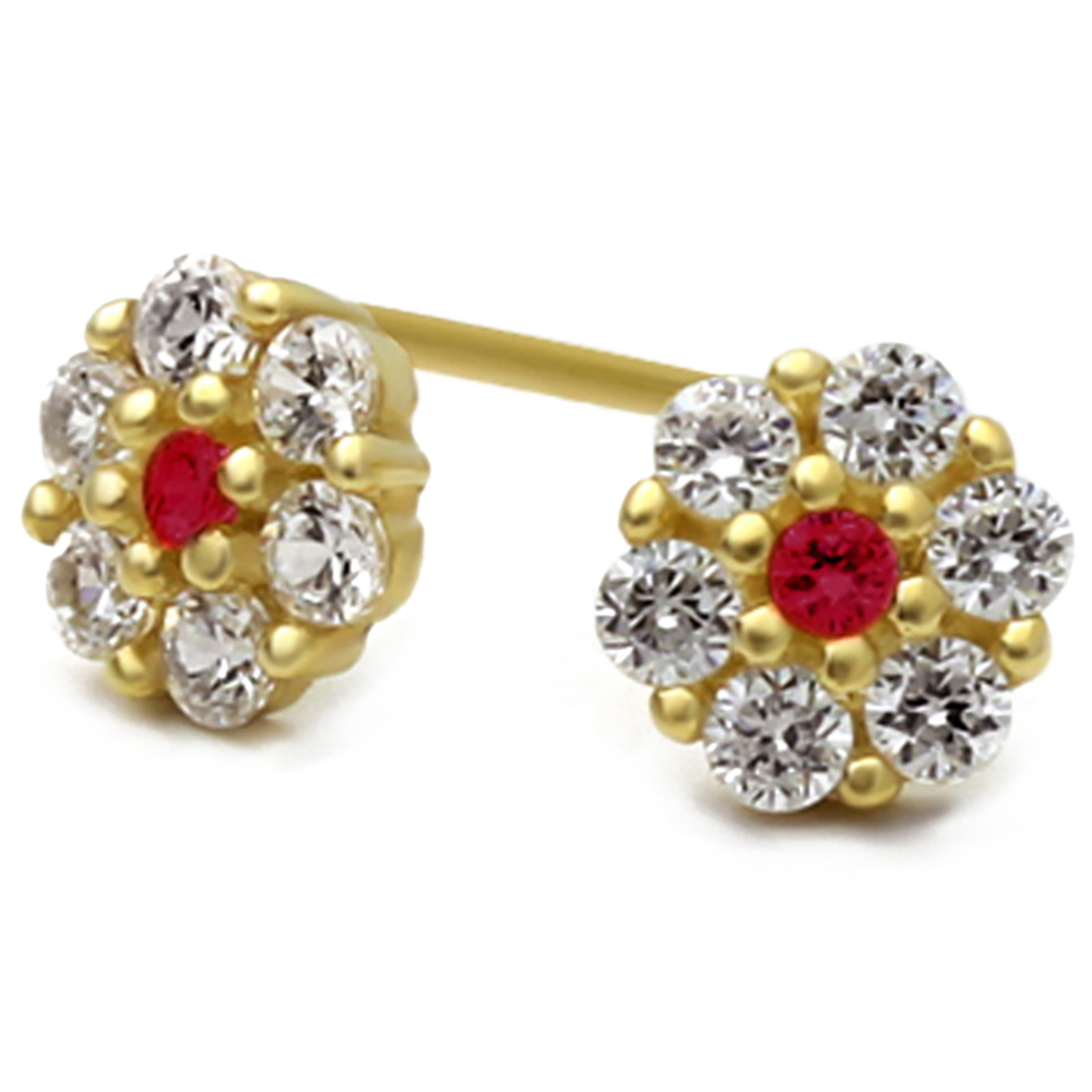 DoubleAccent 14K Gold Stud Screwback Earring Red & White Stone Flower Yellow Gold Earring