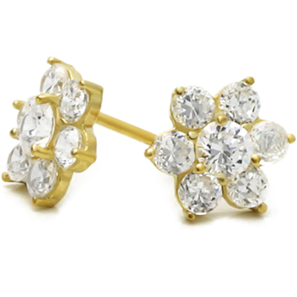 DoubleAccent 14K Gold Stud Earring Flower Yellow Gold Earring with Safety Back