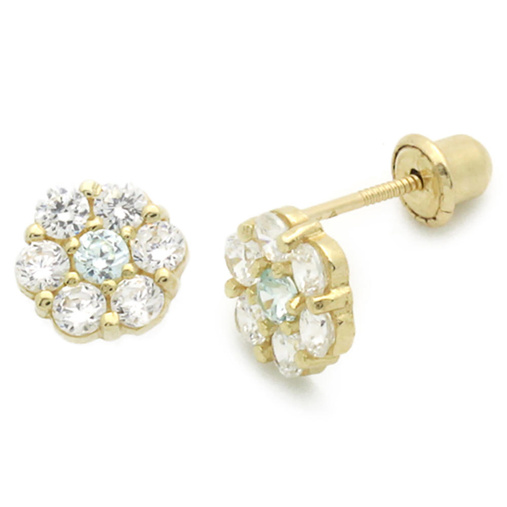 DoubleAccent 14K Gold Stud Screwback Earring CZ Cluster Flower Yellow Gold Earring with Screw Back