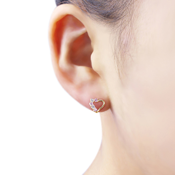 DoubleAccent 14K Gold Stud Screwback Earring Pink & White Stone Heart Yellow Gold Earrings