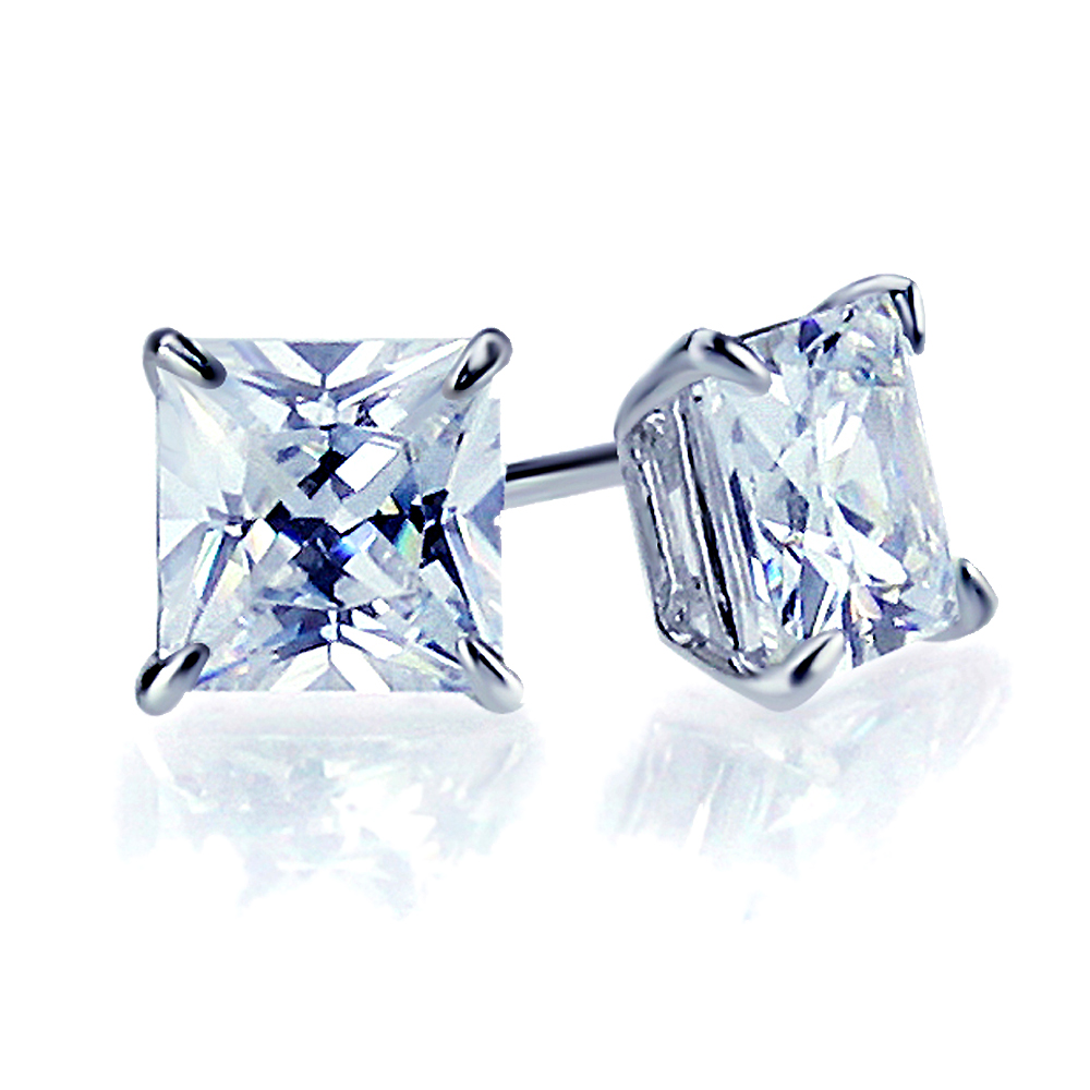 DoubleAccent 14K White Gold 7mm Square Pincess Cut Cubic Zirconia Stud Earring