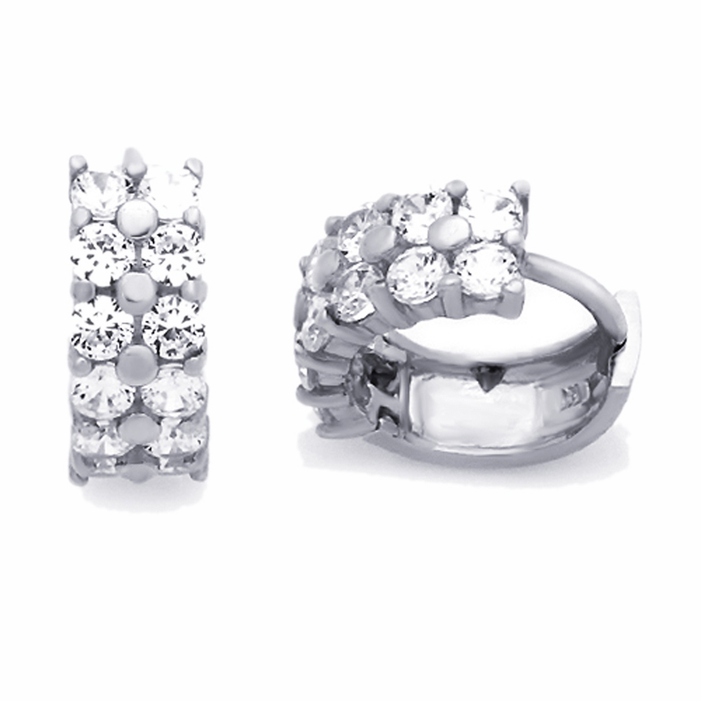 Double Accent 14K White Gold Cubic Zirconia Prong Setting Two Rows 4mm Width Round Cut CZ Huggie Hoop Earrings