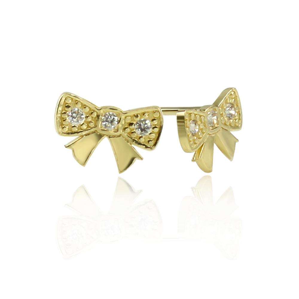 Double Accent 14K Gold Stud Earring Cute Bow Stud Screwback Earring with Screw for Women