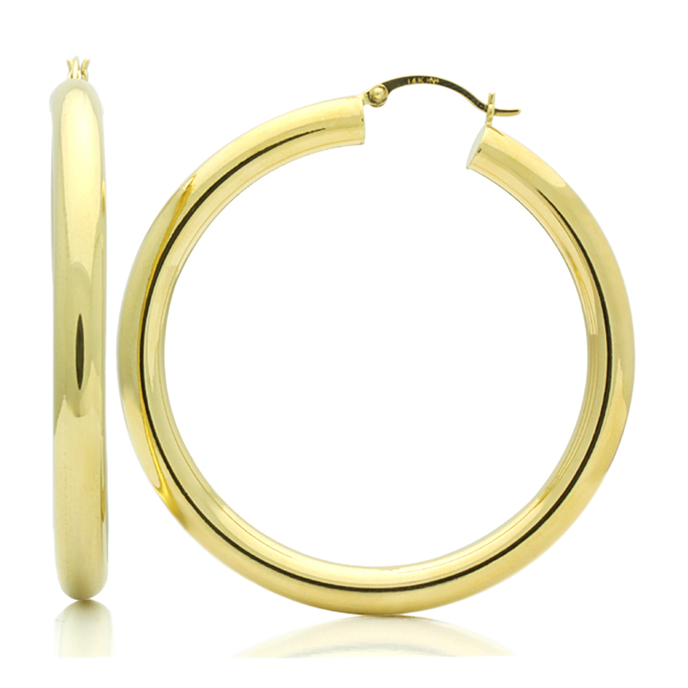 Double Accent 14K Yellow Gold 5mm width Plain Hollow Gold Round Tube Hoop Earrings (Other Sizes)