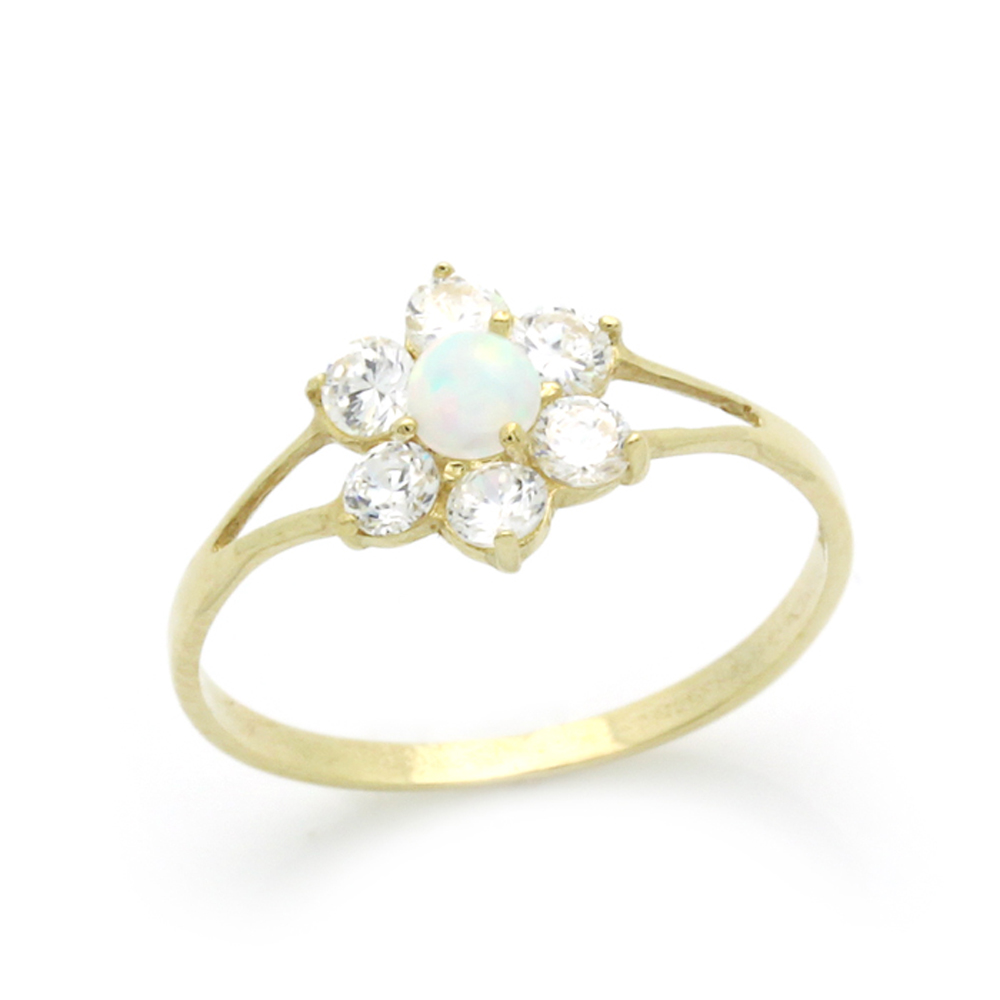 DoubleAccent 14K Baby Ring Yellow Gold Ring Opal & CZ Cluster size 2 to 5 For Baby, Kids And Teens