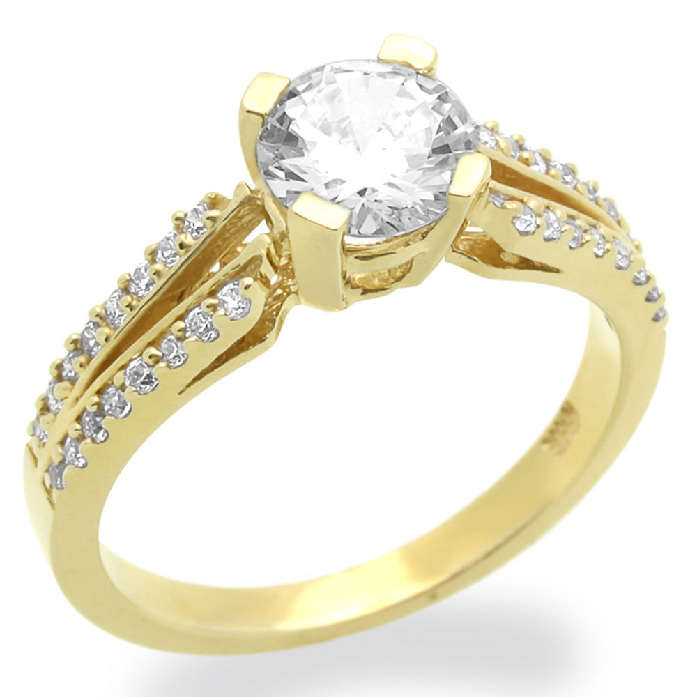 DoubleAccent 14K Yellow Gold Round 1 carat Simulated Diamond CZ Three Stone engagement Ring