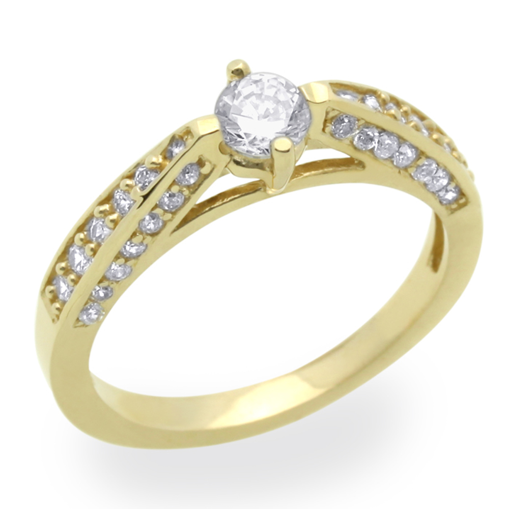DoubleAccent 14K Yellow Gold Simulated Diamond CZ Round Cut Solitaire Engagement Ring
