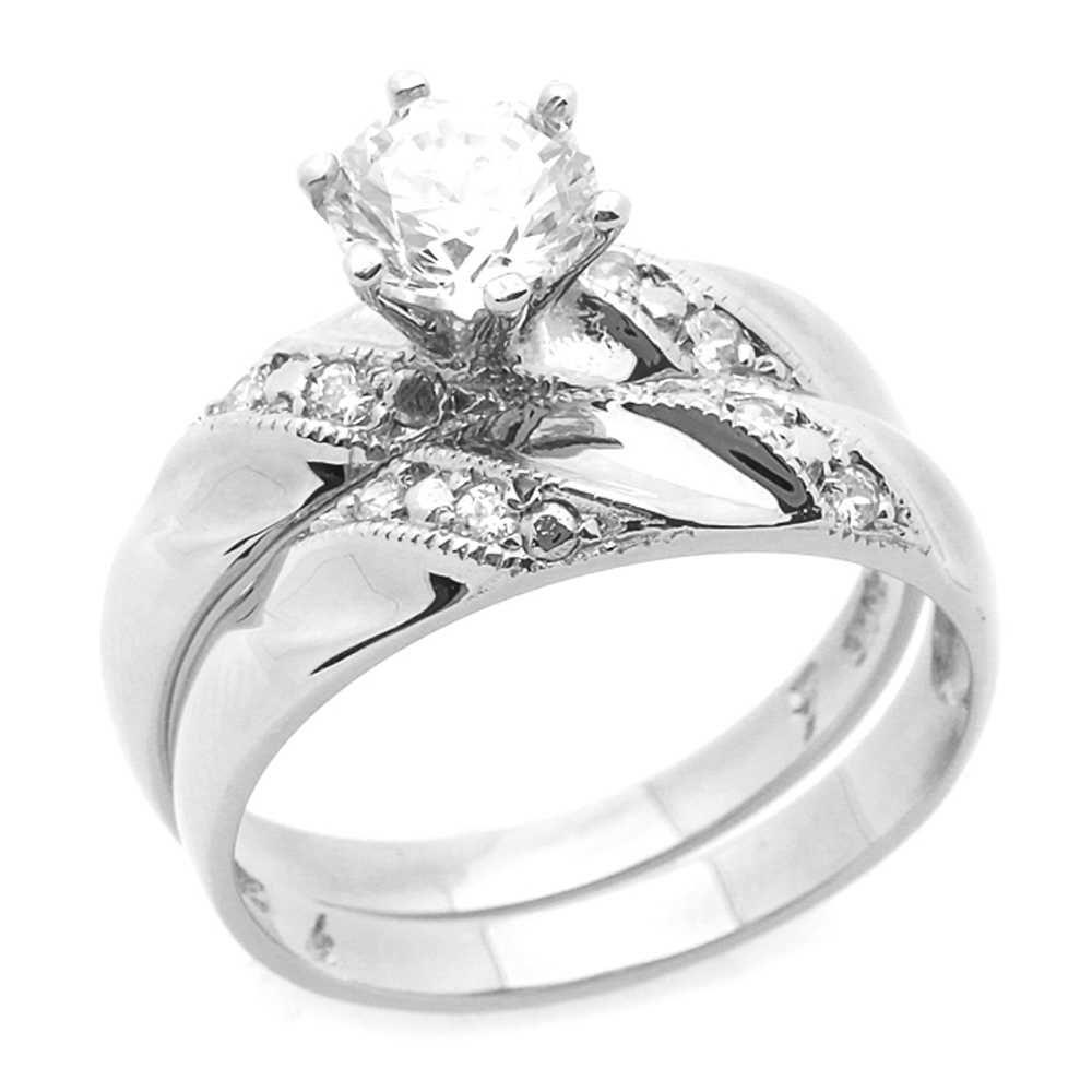 DoubleAccent 14K White Gold Round 1 carat Simulated Diamond CZ Solitaire Engagement Ring Set